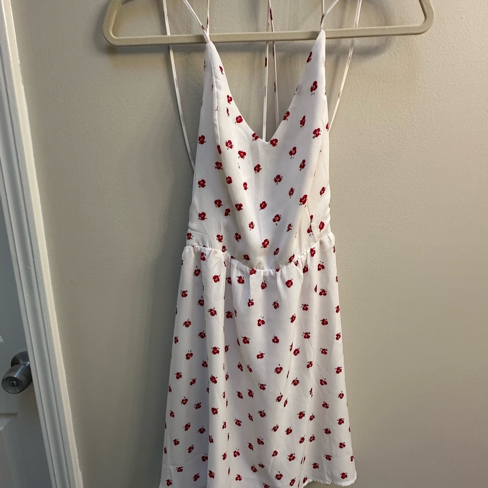 Luca White Dress with Red Floral Pattern- cute open back